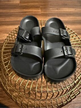 Women's Black Double-Buckle Slide Sandals